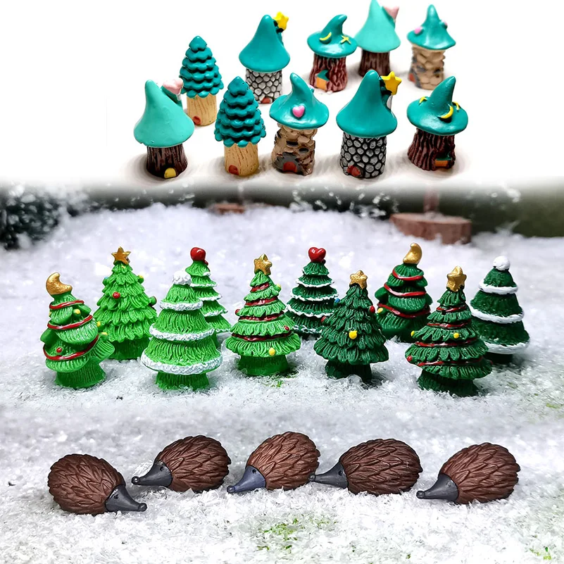 10-pack Mini Green Tree Fairy House Mushroom Micro Garden Miniature Figurines Forest Lawn Terrarium Decor Carft DIY Accessories