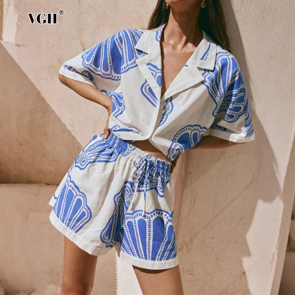 

VGH Fashionable Printed Two Piece Set for Women Lapel Half Sleeve Cardigan High Waist Shorts Beach Style Outfit Female Summer