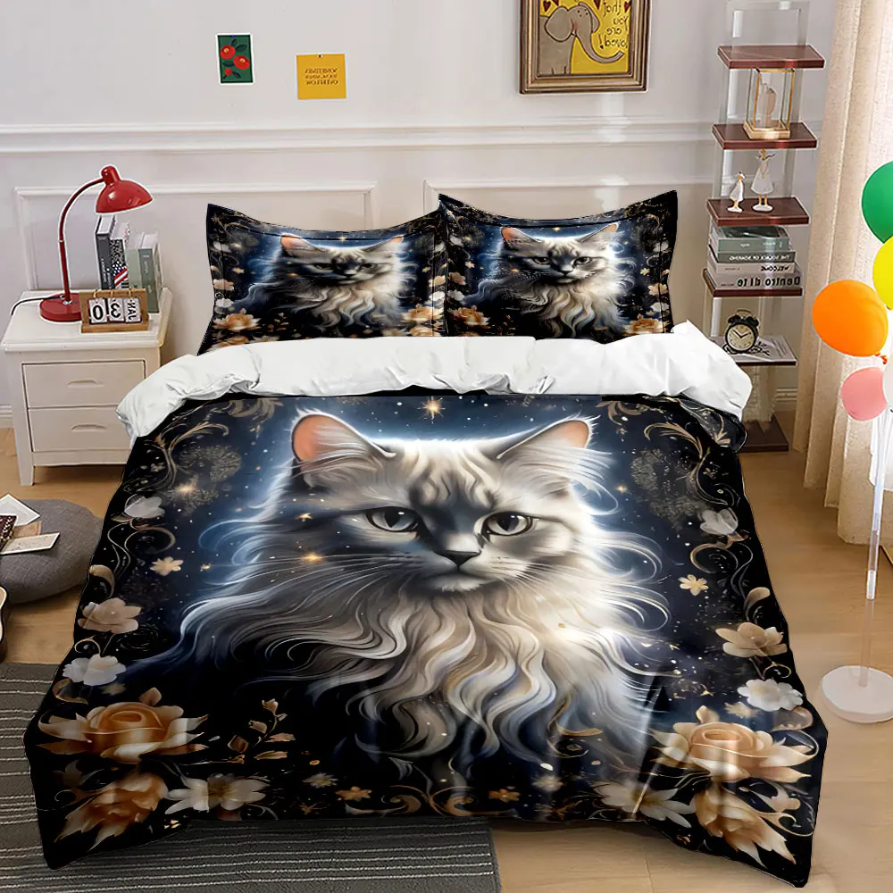 Dreamy Cat with Golden Floral Decor Print Bedding Set 1 Duvet Cover 2 Pillowcases for Adult and Children Luxury Gift Full Size