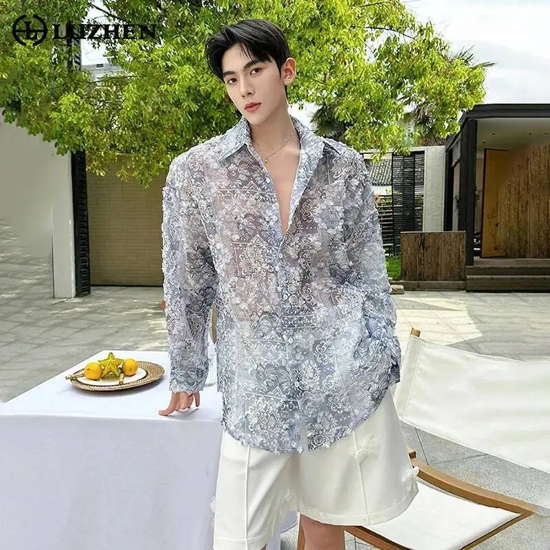 

LUZHEN 2026 New High Quality Thin Perspective Long Sleeve Shirts Elegant Men's Handsome Jacquard Embroidery Floral Tops JY6824