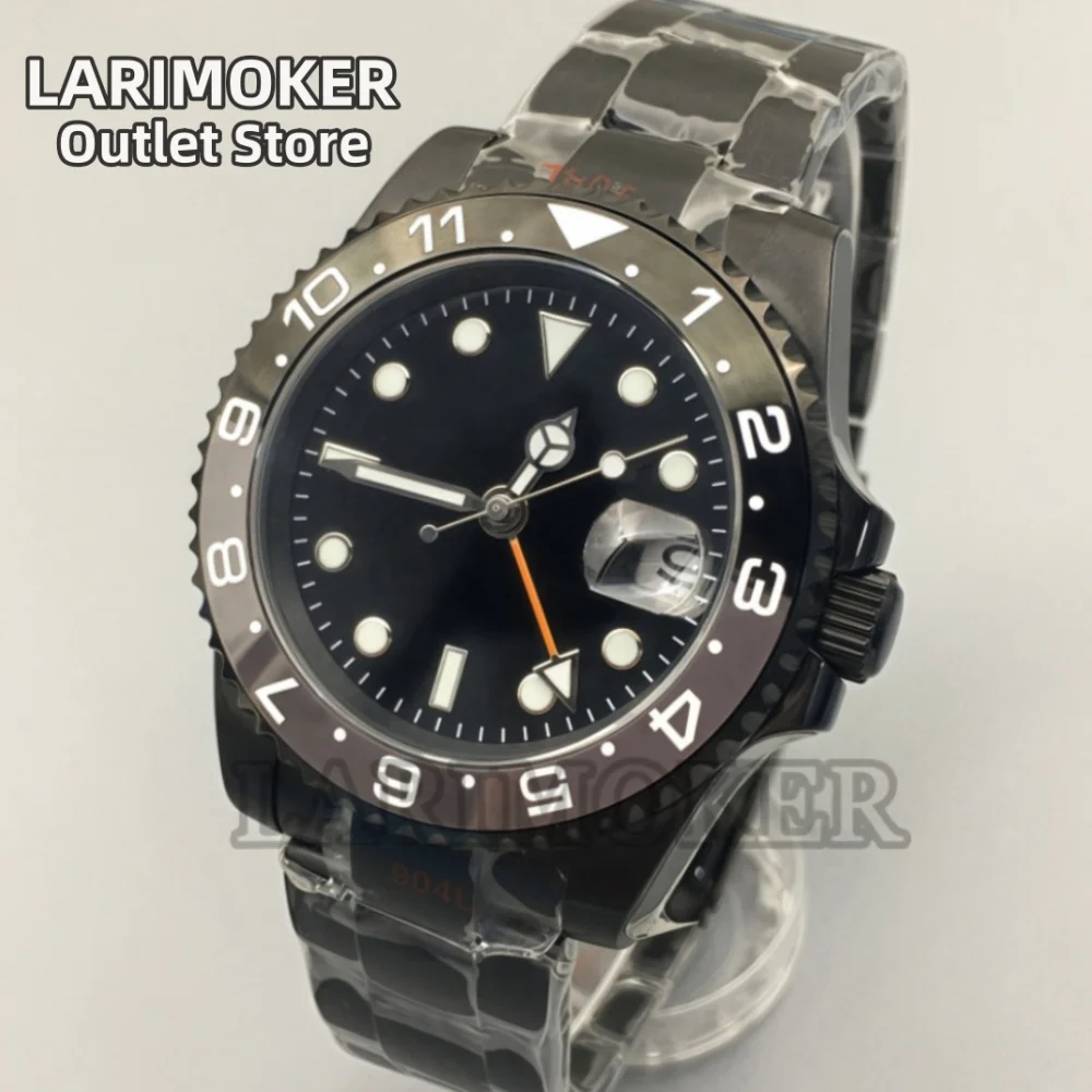 Larimoker 40.5mm nh34 gmt movimento automático masculino moda casual todo-preto relógio de vidro safira verde luminoso à prova dwaterproof água