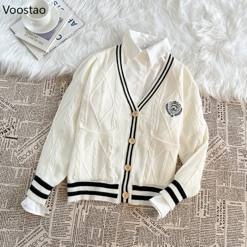 Imagem -03 - Cardigan de Malha Estilo Preppy para Mulheres Bordado de Urso dos Desenhos Animados Pescoço Doce Suéter Uniforme jk Malhas Soltas Casuais Femininas Tops de Outono