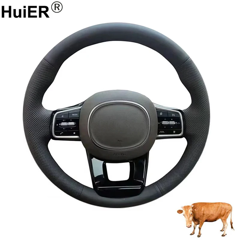 For Kia Carnival IV Sorento MQ4 IV 2020-2025 Cow Leather Hand Sewing Car Steering Wheel Cover Interior Non-slip Accessories