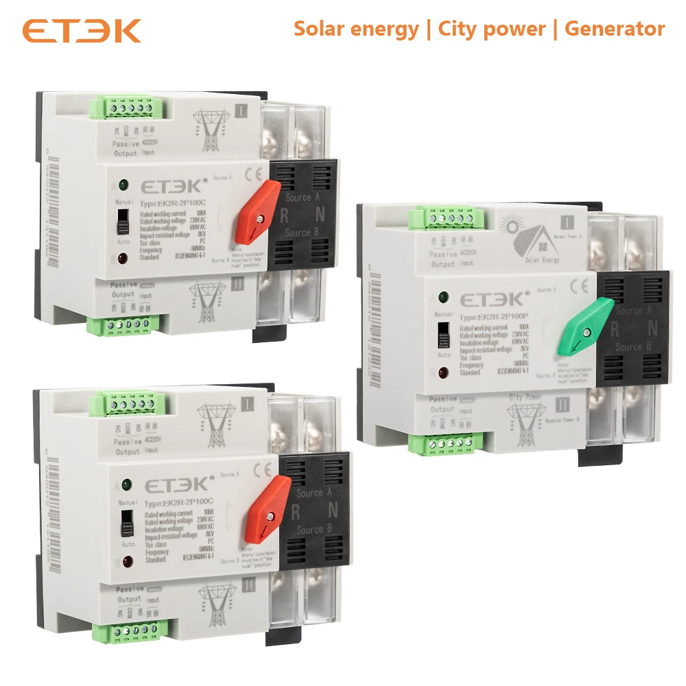 ETEK Din Rail monofásico ATS 2P 220V 230V Doble potencia transferencia automática interruptor Selector eléctrico ininterrumpido EK2R