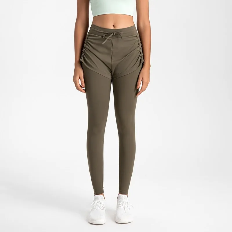 2025年秋 レディース ハイウエスト ヨガパンツ ヒップアップ フェイクツーピース レギンス スリムフィット 伸縮性 ジム ランニング トレーニング スポーツパンツ