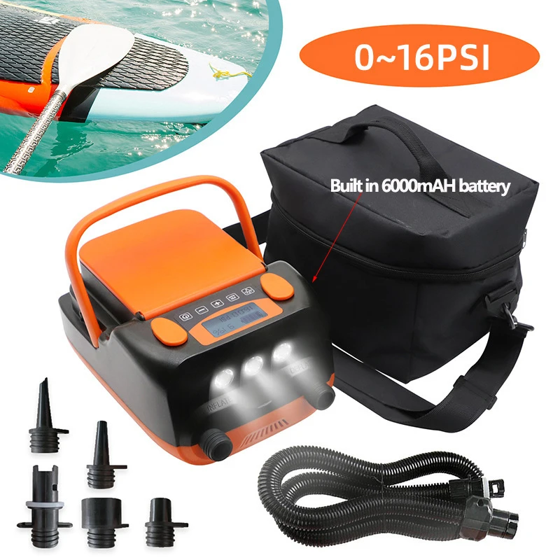 EU/US Plug 0~16PSI Electric Inflatable Air Pump with 4 In1 Air Valve Adapter Built In 6000mAH Battery for Boat SUP Paddle Board