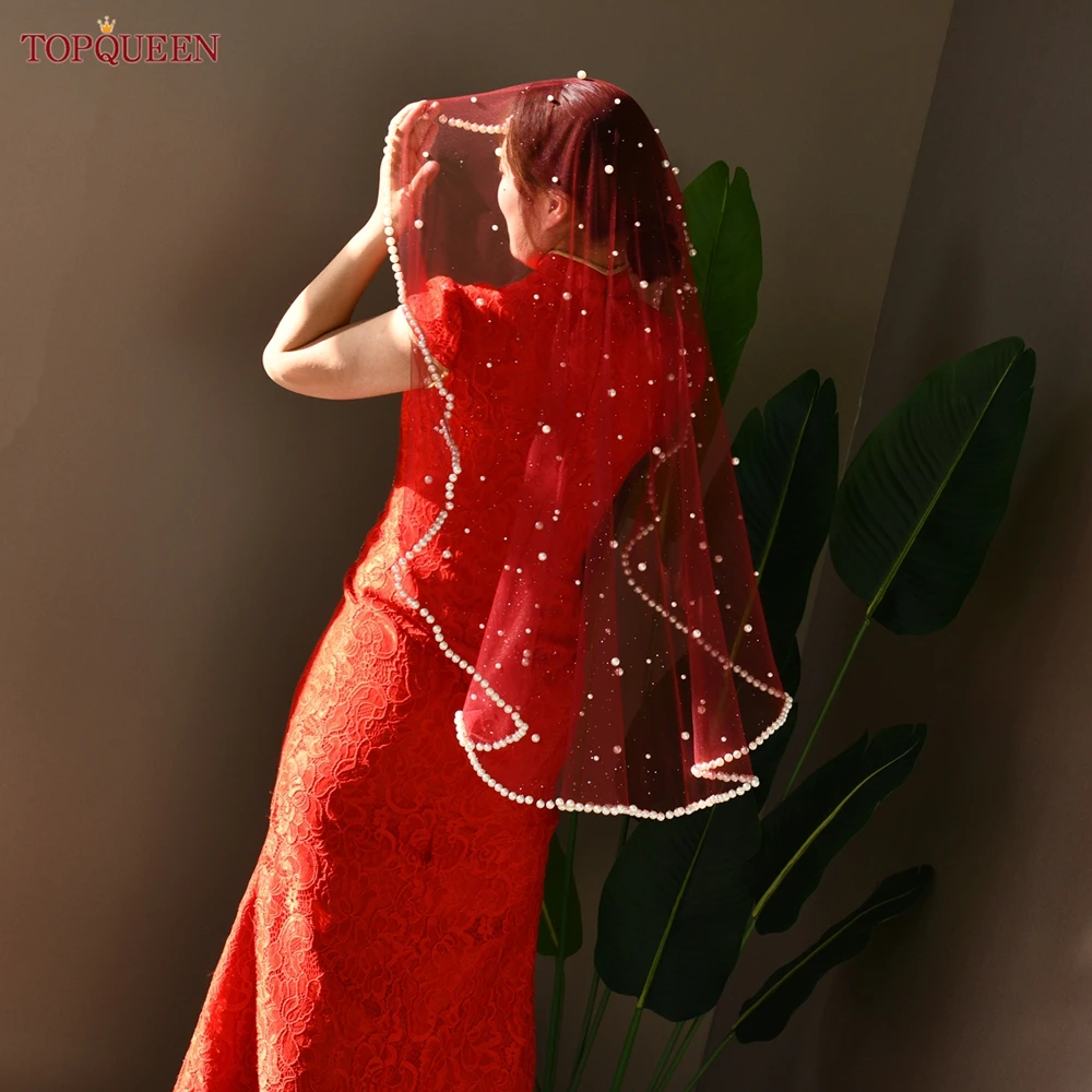 TOPQUEEN kerudung pengantin Glitter mutiara kerudung pernikahan 100% manik-manik buatan tangan aksesoris pernikahan mewah elegan dapat disesuaikan V267