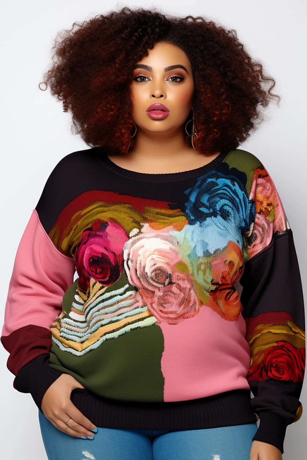 

Plus Size Daily Multicolor Graphic Round Neck Long Sleeve Crochet Sweaters