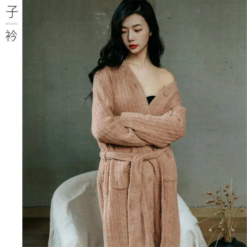 

Autumn and Winter Women's Pajamas Cardigan with Pockets Pajamas Gentle and Lazy Homewear Solid Color Lace up Bathrobe