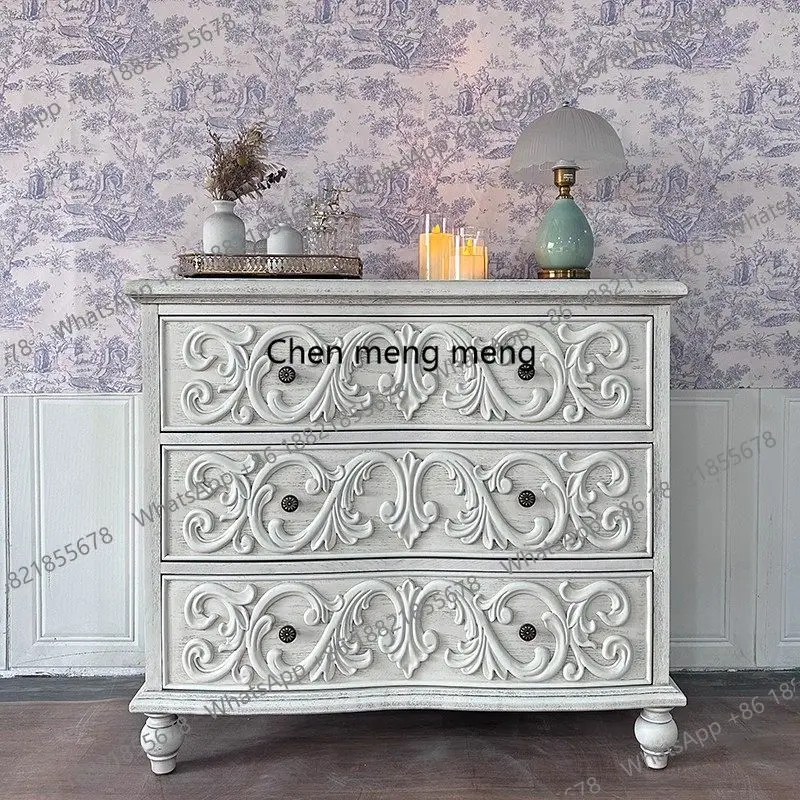 

American solid wood French retro drawer locker bedroom living room wall storage cabinet carved bedside table