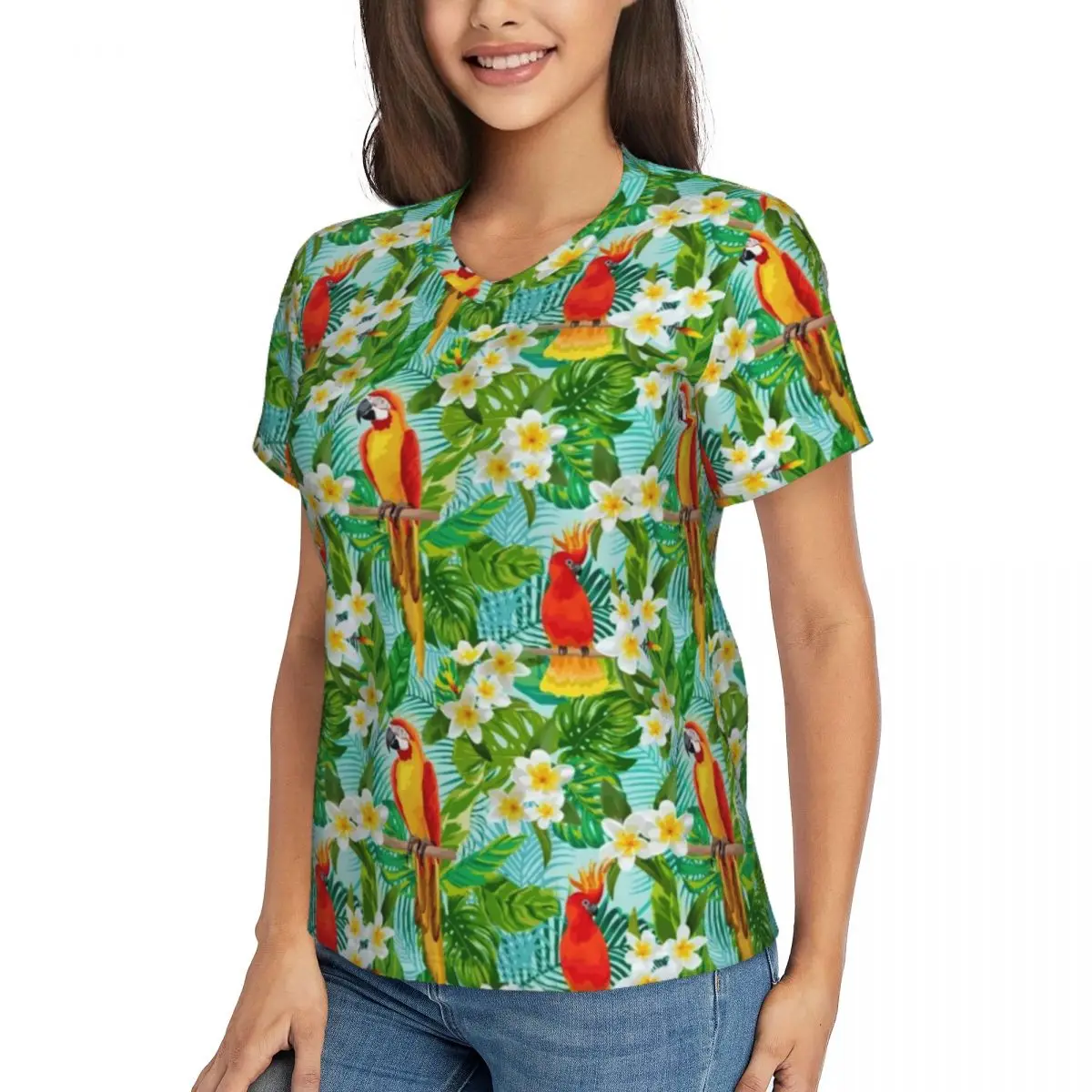 Tropical Floral Print T-Shirts Parrot And Leaf Fashion V Neck T Shirt Y2K Funny Oversized Tee Shirt Summer Clothing Streetwear