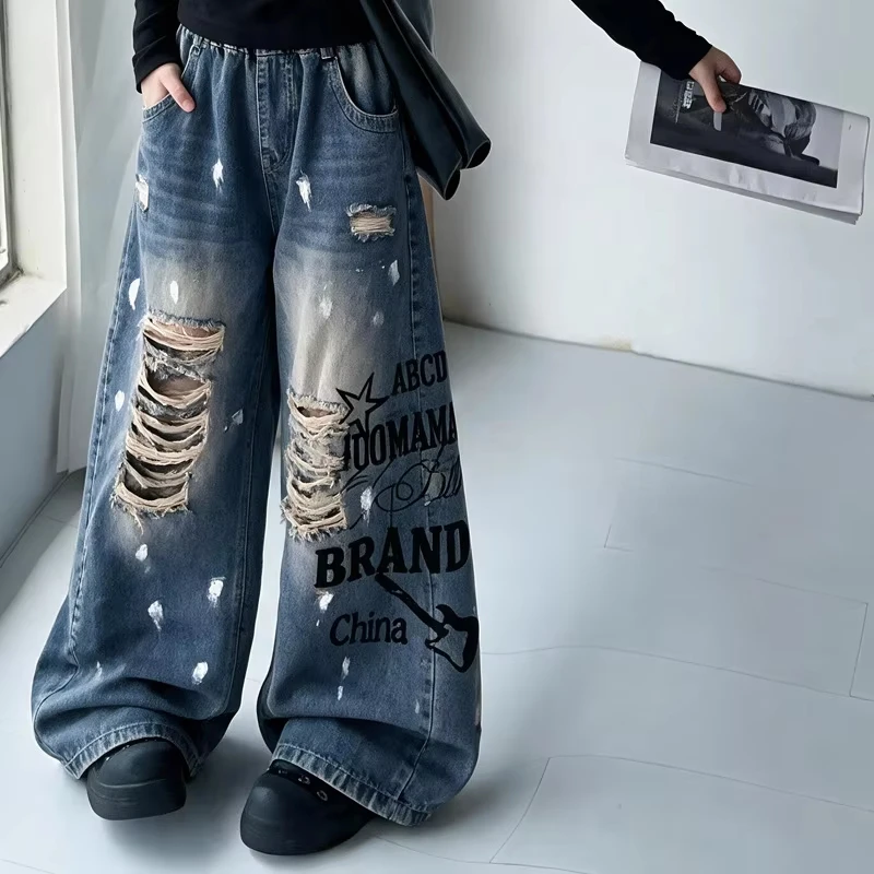 Autumn Girls Fashion Jeans with Holes Letter Print Teens Children Trendy Streetwear Destroyed Denim Pants Kids Hip Hop Trousers