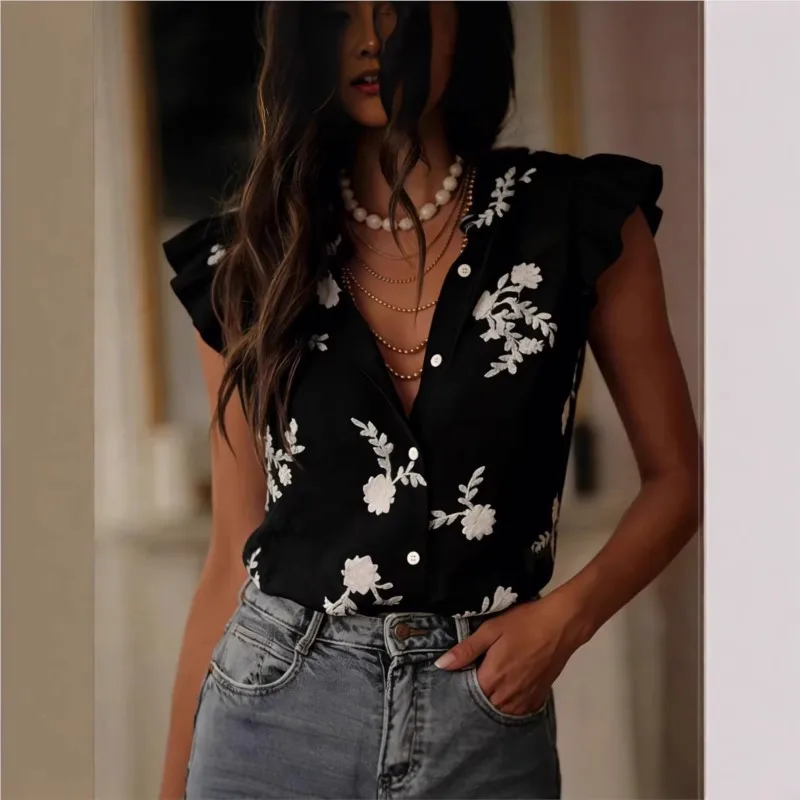 

Bohemian Fashion Printed Women's Shirt Elegant Black Fungus Collar Single Breasted Cardigan Top Ladies Stylish Versatile Blouses