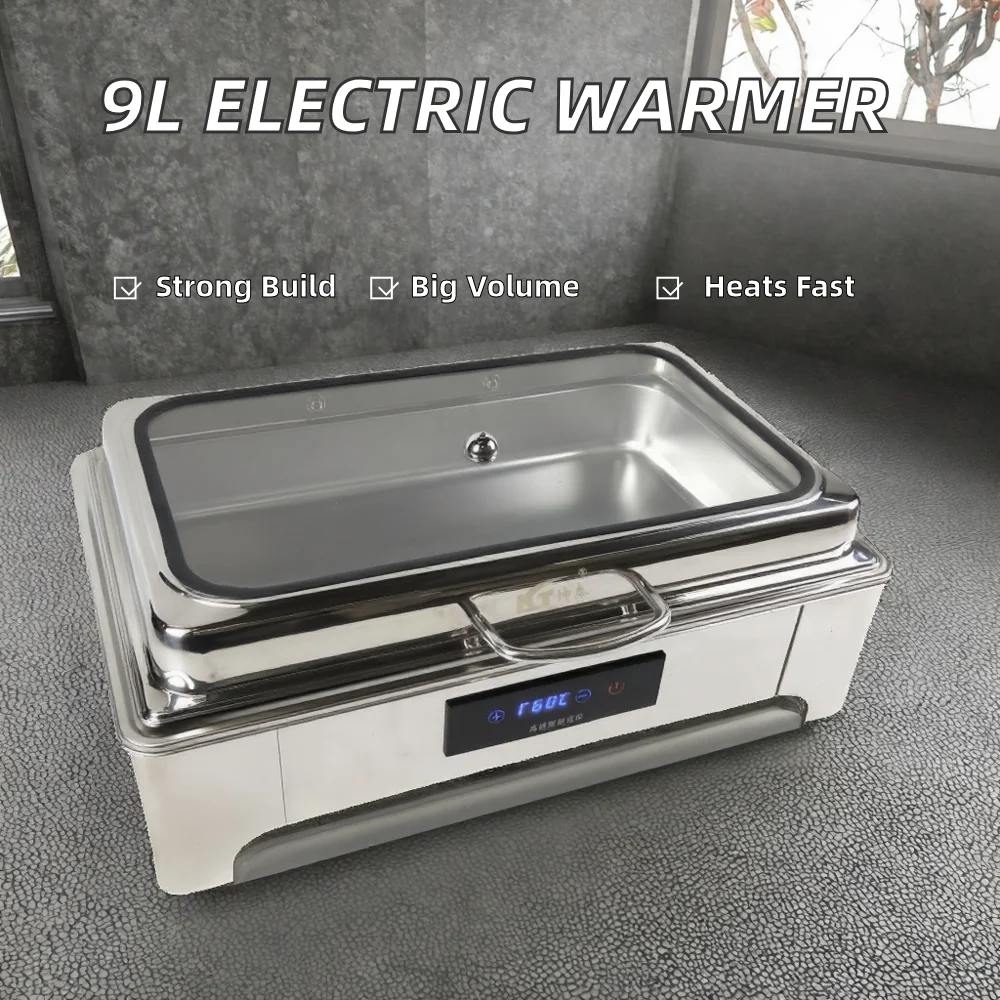 Chafing Dish with 9L Capacity 440W Self-Serve Food Warmer for Catering Banquets Stainless Steel Rectangular Electric
