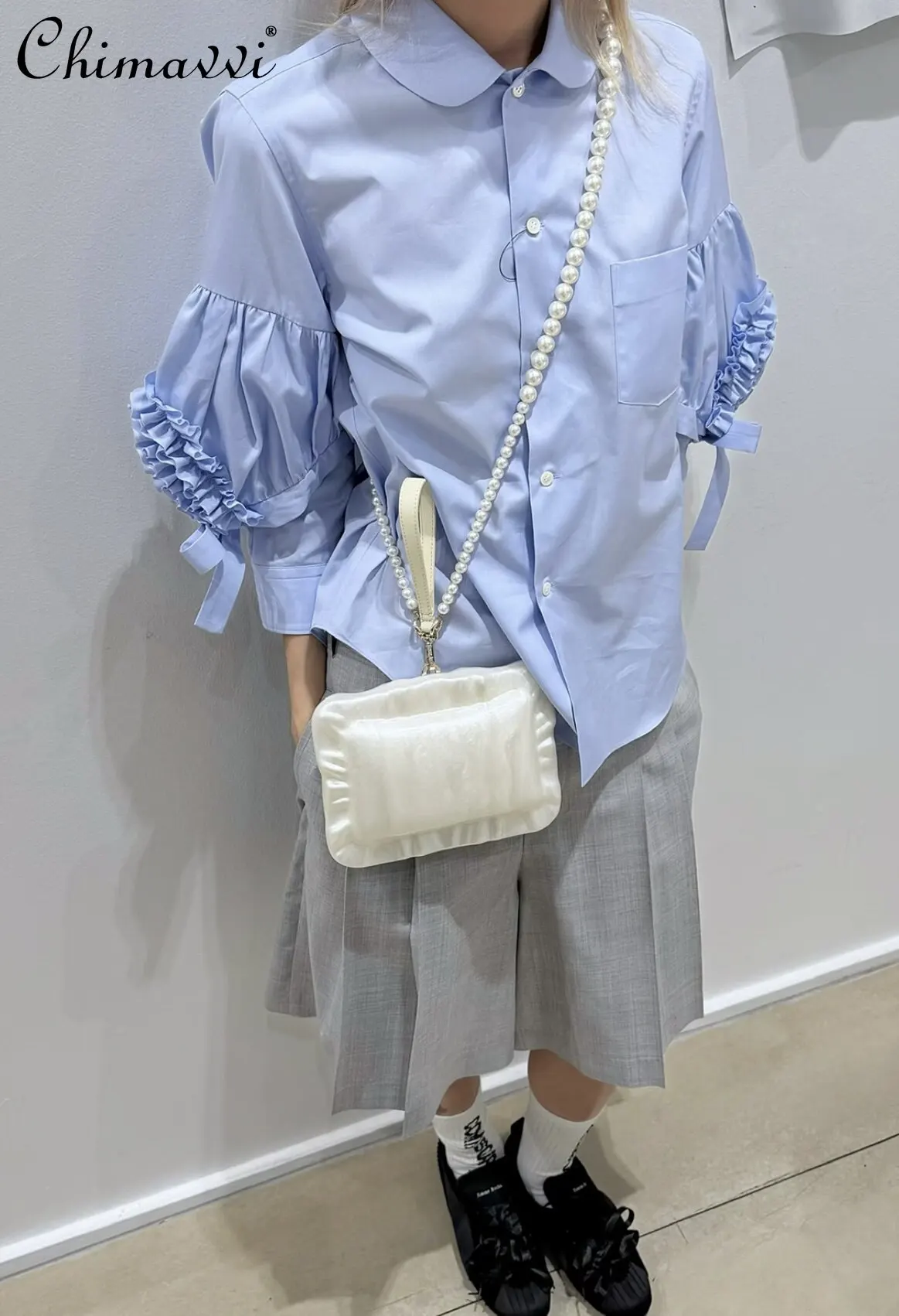 

Japanese Sweet Shirt Top Spring Summer New Fashion Ruched Detail Cute Peter Pan Collar Bow Sleeves Three-quarter Sleeve Blouse