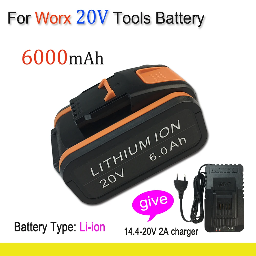 

For Worx 20V 6000mAh Rechargeable Li-ion Battery WA3551 WA3551.1 WA3553 WA3641 WX373 WX390 Electric Tool With charger