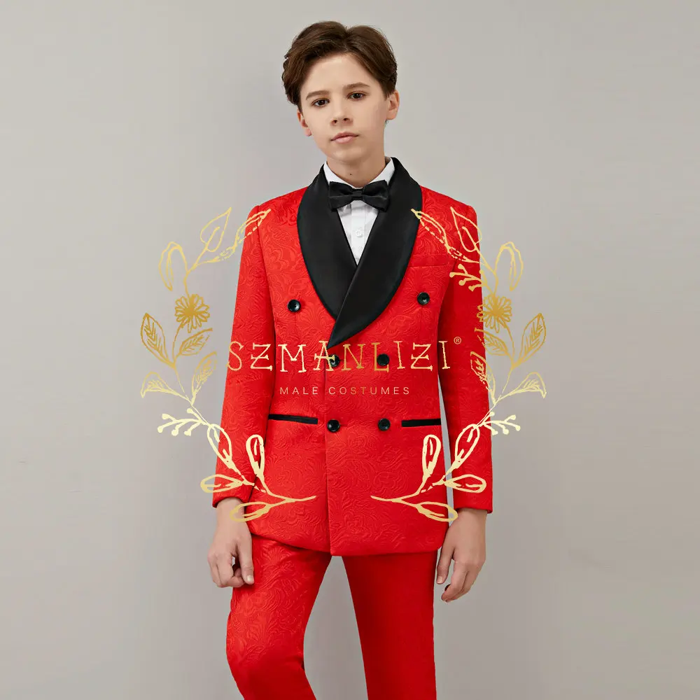 Spring Autumn Children Double Breasted Suit Set Kids Wedding Party Performance Costume Boys Red Floral Blazer Pants 2pcs Outfits