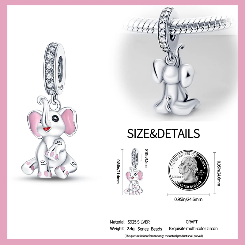 Ciondolo con perline in argento sterling 100% 925 da 3 mm, design a forma di elefante, dolce accessorio alla moda per gioielleria raffinata originale fai da te