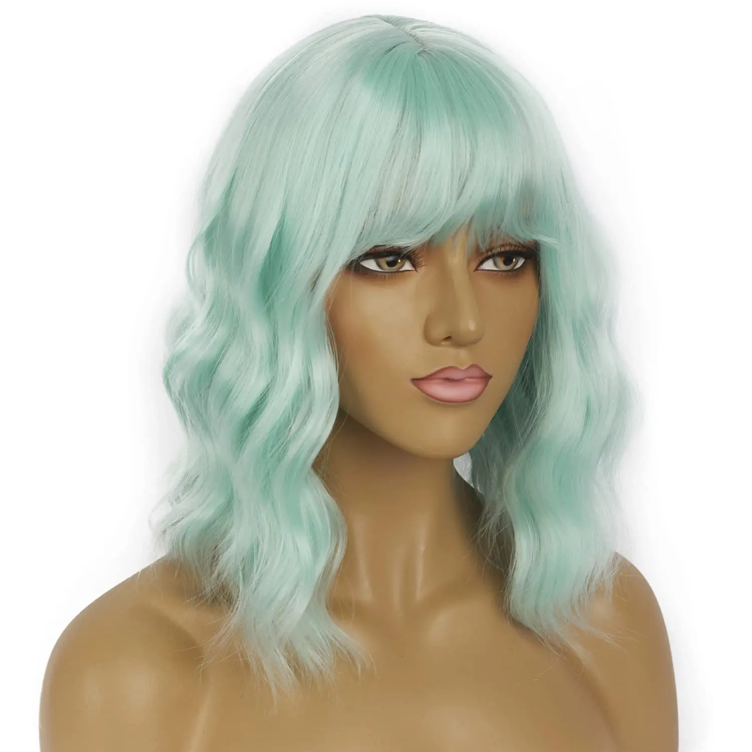 Women Green Blue Short Bob Synthetic Wigs with Bangs Body Wave Cosplay Lolita Wig Natural Heat Resistant Hair Party Role Play