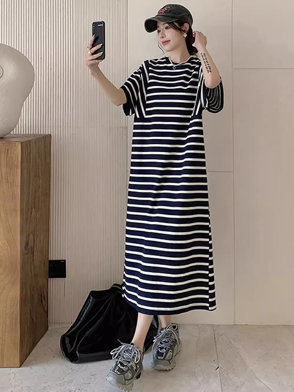 فستان نسائي كوري صيفي جديد من فيستدوس رداء Elbise فضفاض مقاس كبير من القطن بأكمام قصيرة مخطط فساتين طويلة غير رسمية لمنتصف الساق #4