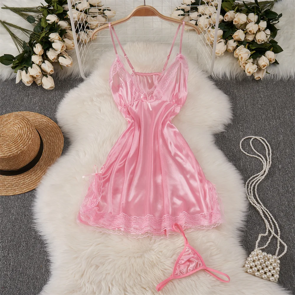 Sexy Elegant Women\'s Strap Dress Solid Lace Patchwork Slim Sleeping Dress V-Neck Bow A-Line Casual Dress Erotic Lingerie Pajama