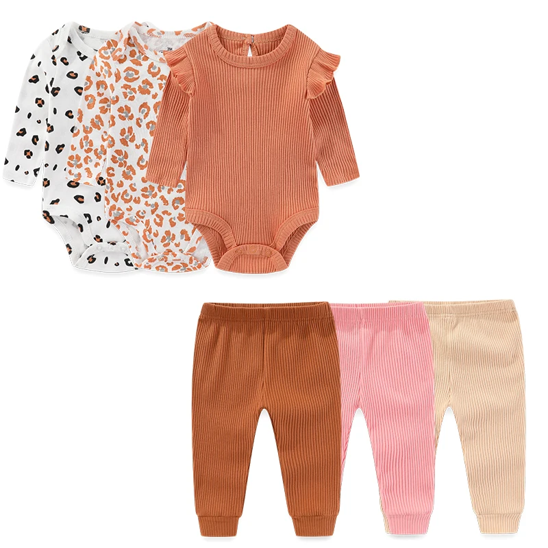 Kiddiezoom Cute 6-Piece Baby Girl Clothing Set Soft Newborn Boy Long Sleeve Bodysuits+Pants Four Seasons Unisex Infant Clothes