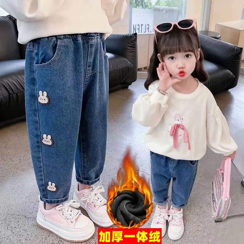 New Winter Baby Girl Plush Denim Pants Toddler Kid Cartoon Rabbit Print Jeans Children Boys Fashion Casual Warm Thicken Trousers