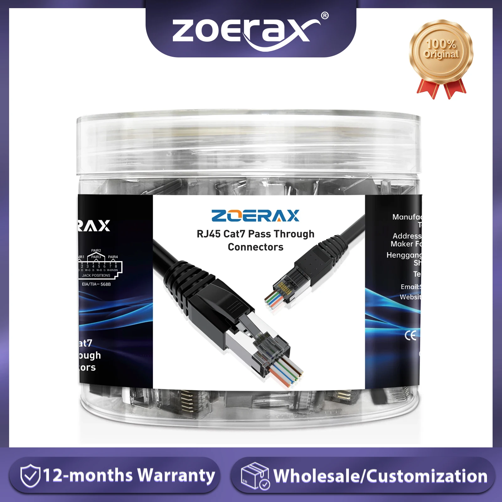 ZoeRax 50-Pack RJ45 CAT7 CAT6A Pass Through Connector Shielded Network Modular Plug, 3-Prong with Strain Relief Boots