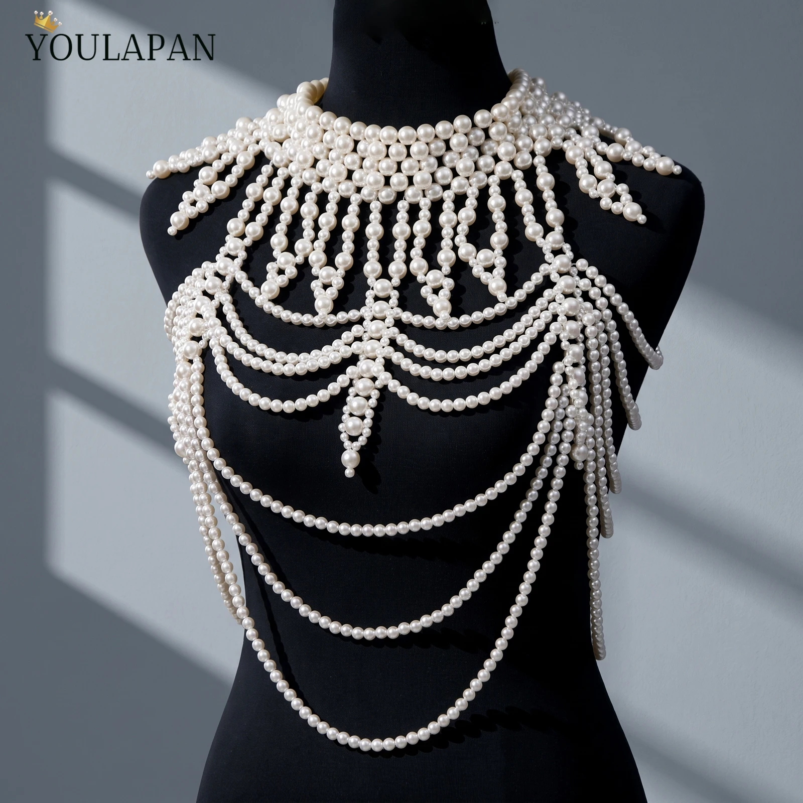 TOPQUEEN Bolero Pearl Bead Sexy Body Chain Chest Chain Exaggerated Necklace Gorgeous Handmade Bikini Accessories Vg39