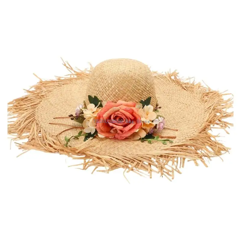 

340D Adjustable Straw Hat With Flowers Women Casual Holiday Beach Sun Hat For Travel