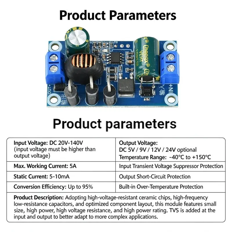 AAAN-DC-DC Step-Down Module 20-140V To 5A Adjustable Output Low Ripple Buck Converter Module