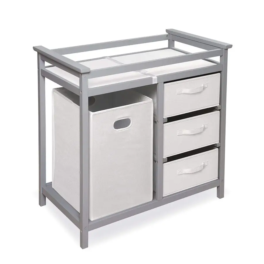 

Basket Modern Baby Changing Table Nursery Furniture with Laundry Hamper and 3 Storage Drawers Diaper Changing Station with Safet