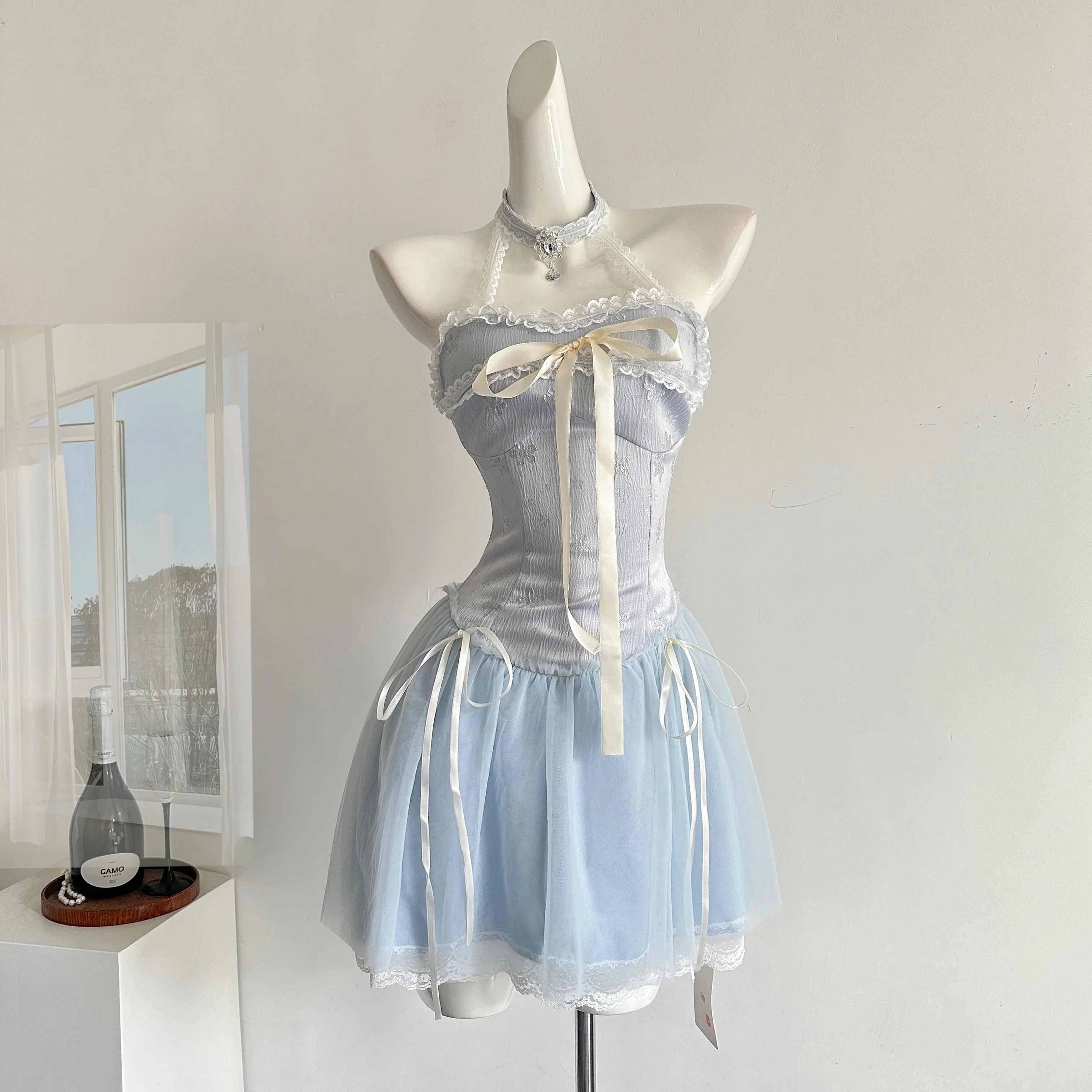 Verano mujeres Y2k cumpleaños Ballet Core A-line vestido de hadas Mini vestidos de encaje de una sola pieza coreano noche Lolita fiesta Shoujo Gyaru