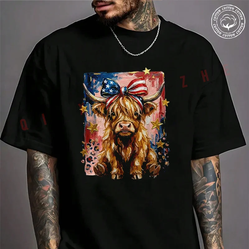 

Highland Cow Patriotic Coquette Bow 4Th July American Flag Moto T-Shirt Men's Cotton Summer Casual Short Sleeve Round Neck Tees