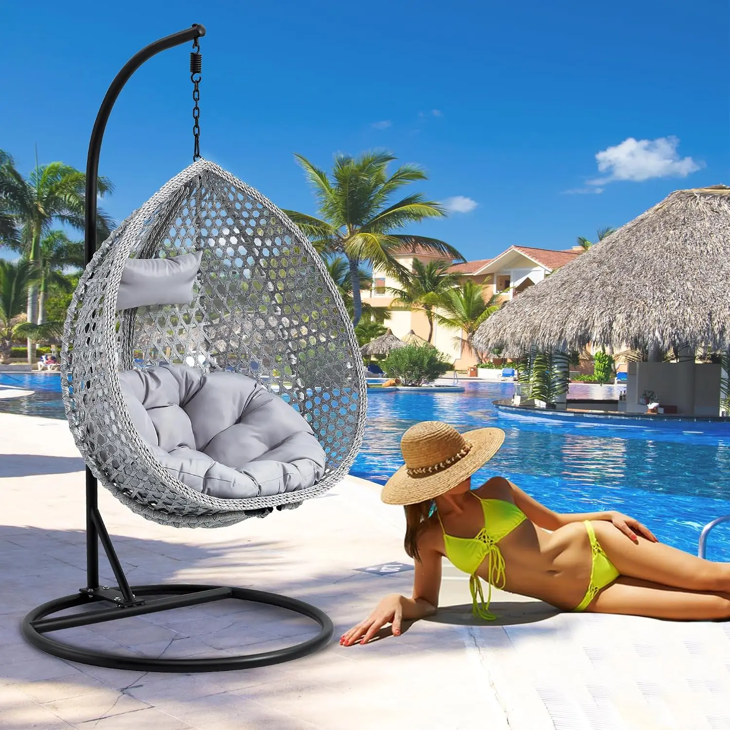 Egg Swing Chair With Stand & Cushions,Wicker Hanging Lounge Chair For Indoor Outdoor Patio Porch Balcony Bedroom,Customized