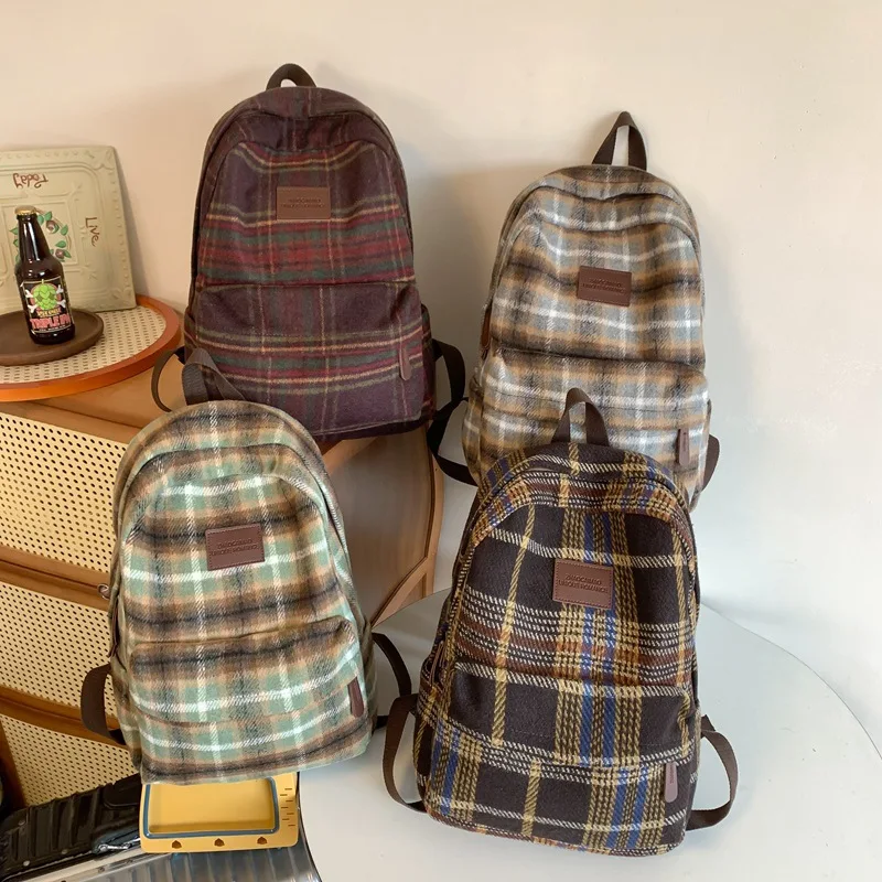 Backpacks Lattice Vintage Couple Canvas Bag Korean Harajuku Large Capacity School Backpack Unisex Stylish Plaid Ins