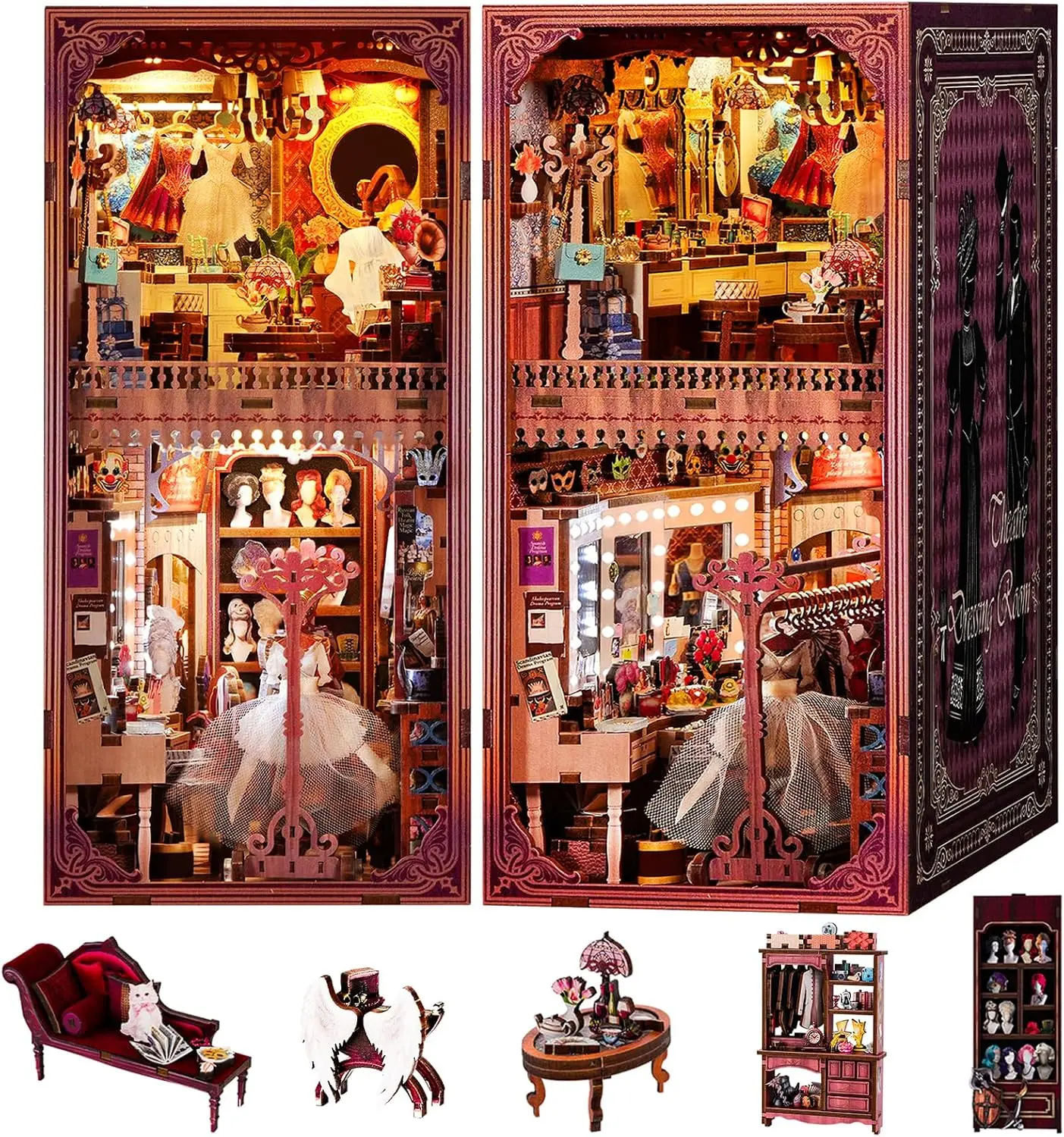DIY Miniature Book Nook Kit Theatre Dressing Room 3D Wooden Puzzle for Adults Dollhouse Bookend Shelf Building Construction Toy
