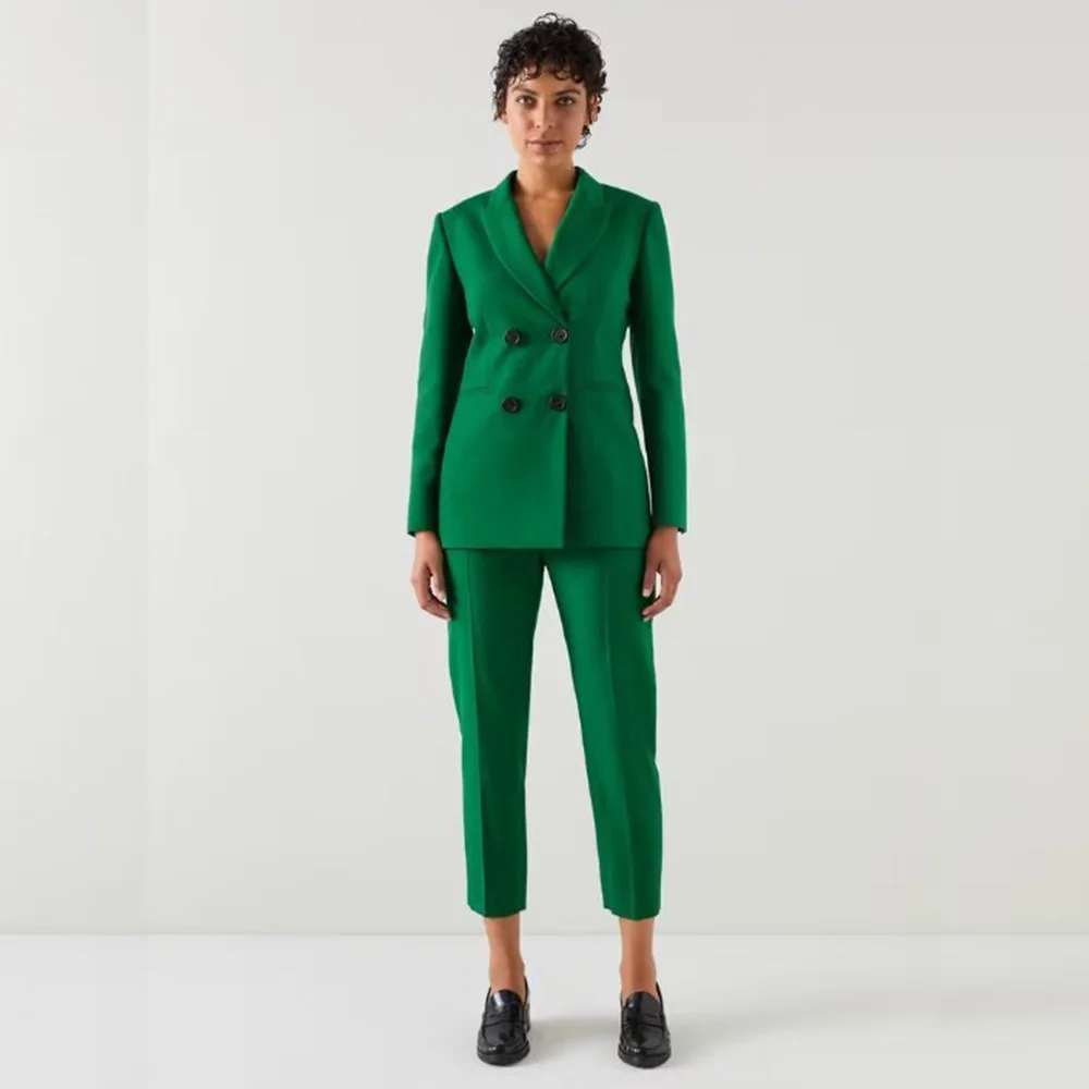 Luxury Classic Green Suit for Women Double Breasted 2 Pieces Jacket Pants Female Clothing Office Banquet Slim Fit Blazer Set