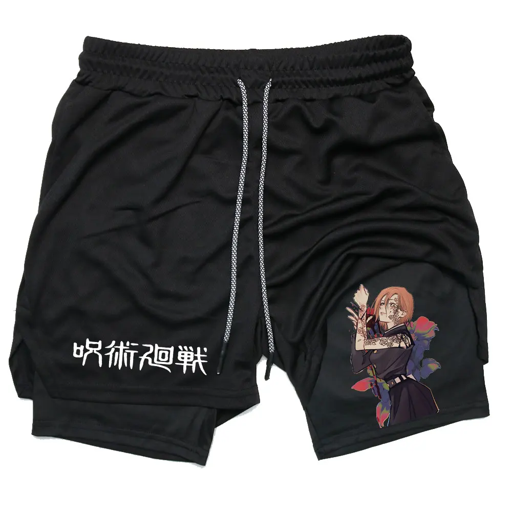 

Anime 2 in 1 Compression Shorts for Men Athletic Quick Dry Running Performance Shorts with Pockets Gym Workout Fitness