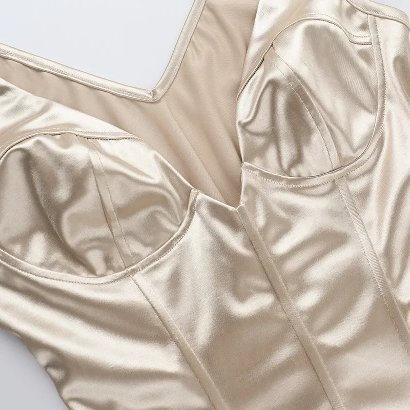 여성 패션 샴페인 새틴 코르셋 탱크 탑 섹시한 딥 브이 넥 민소매 백리스 레이스 업 슬림 바디 쉐이핑 조끼 캐주얼 티셔츠