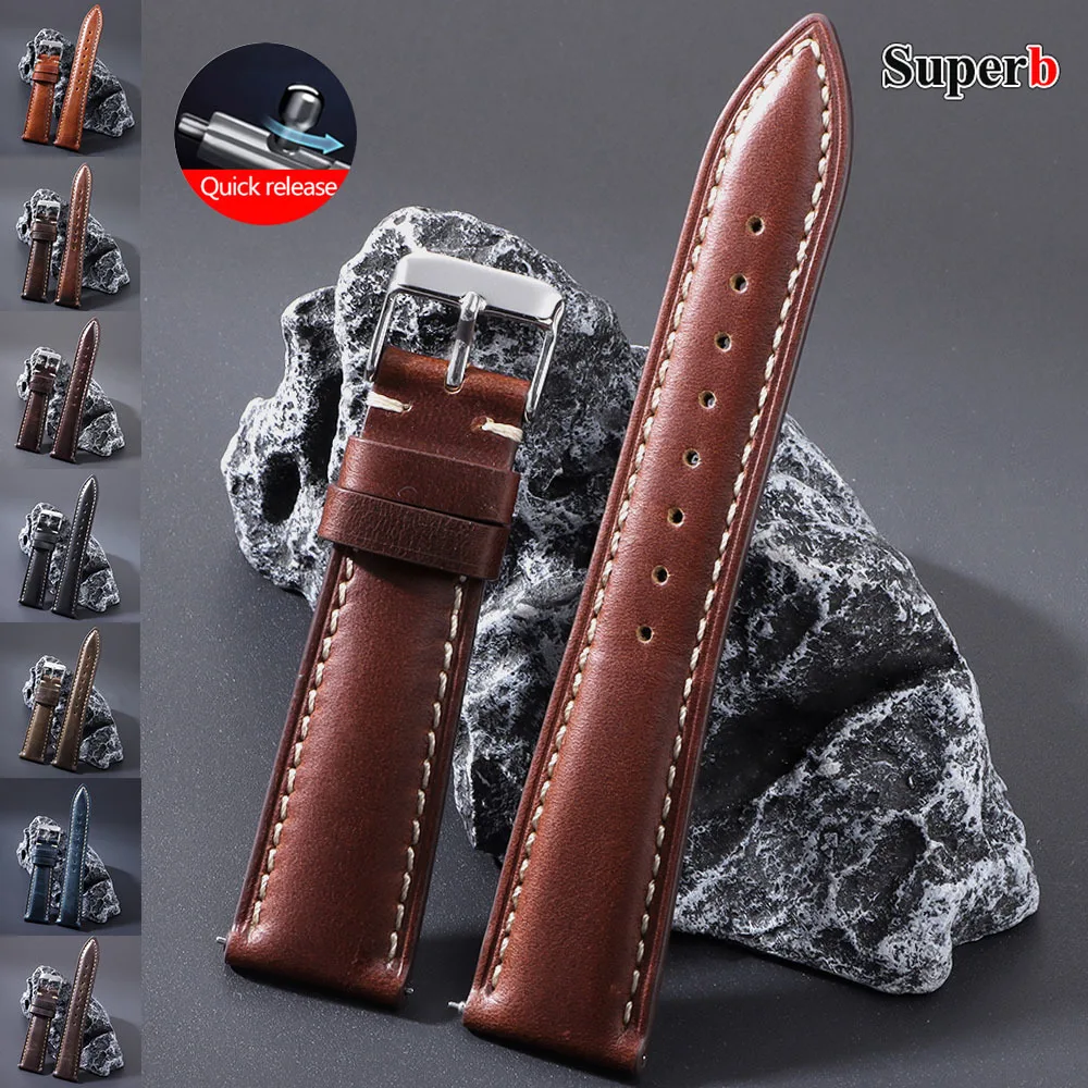 Universal Vintage 18mm 19mm 20mm 21mm 22mm Oil Wax Leather Watch Straps Brown Head Layer Watch Band Men Accessories Pin Buckle