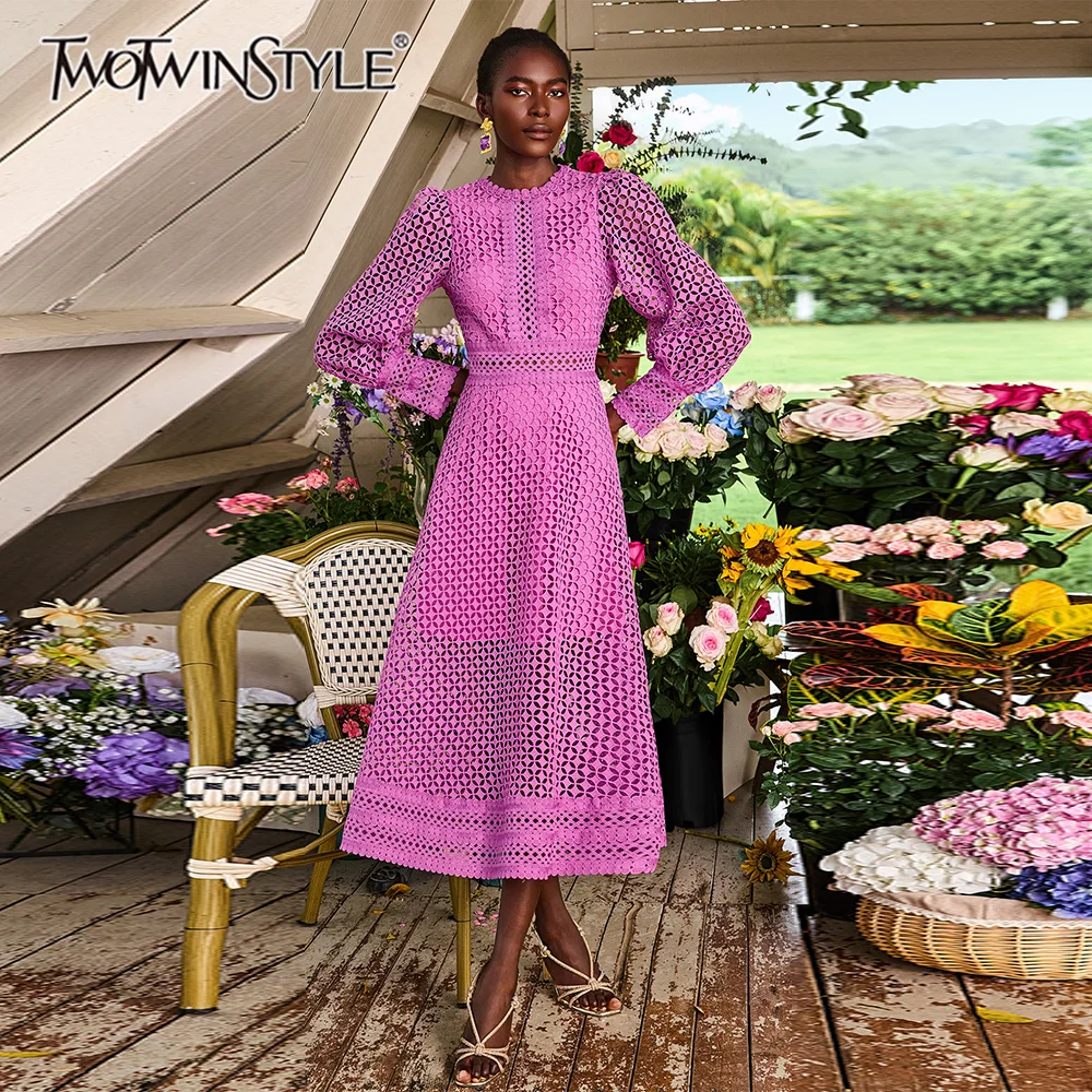 

TWOTWINSTYLE Однотонное Свободное Платье с Вырезами и Декоративными Вставками для Женщин, с Круглым Вырезом, Длинным Рукавом, Элегантное Винтажное Платье, Женская Осенняя Мода, Новинка