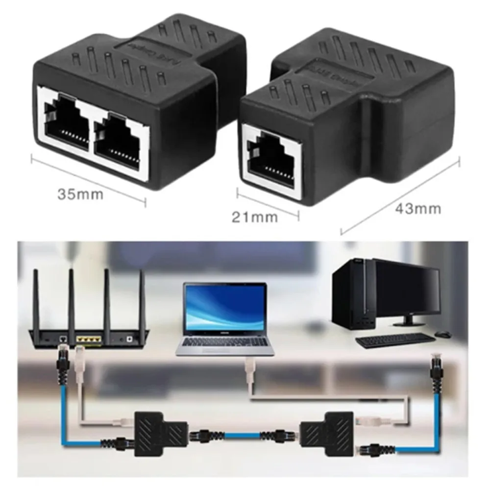 Elisona 1 to 2 Way  LAN Ethernet Network Cable Splitter Adapter RJ45 Female Splitter Socket Connector Adapter For Laptop