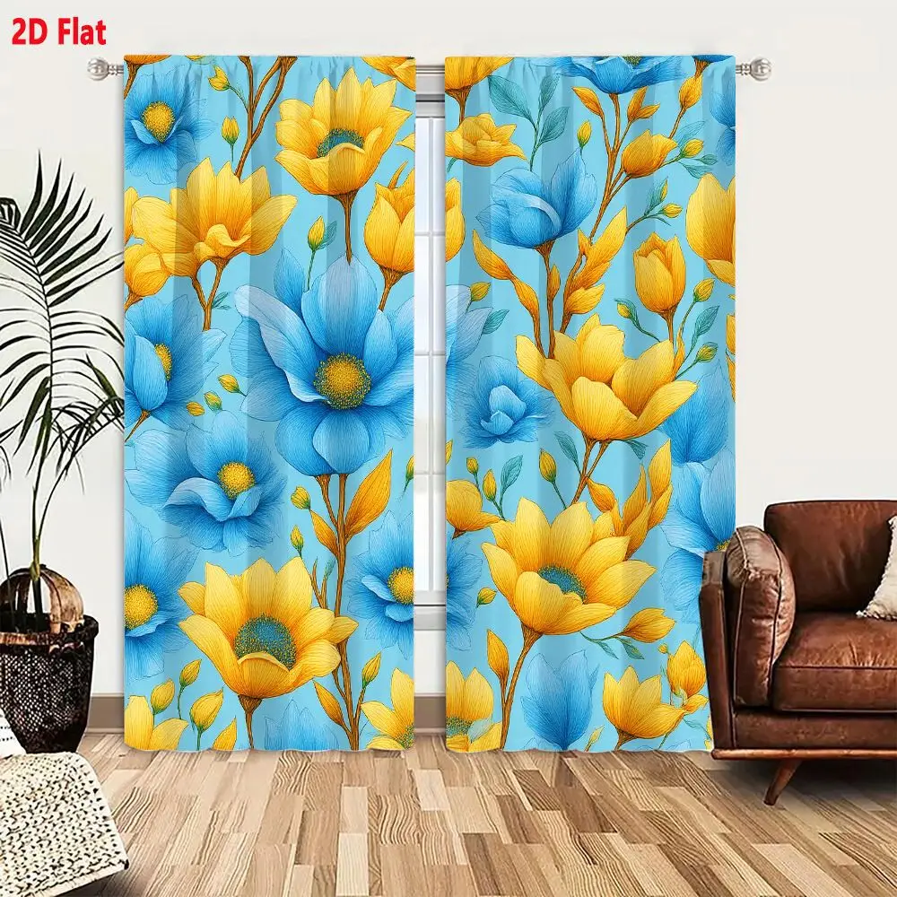 2Pcs Curtains 2D Flat Vibrant Floral Pattern With Yellow Daisies And Blue Poppies On Light Blue Background Window Drapes for Bed