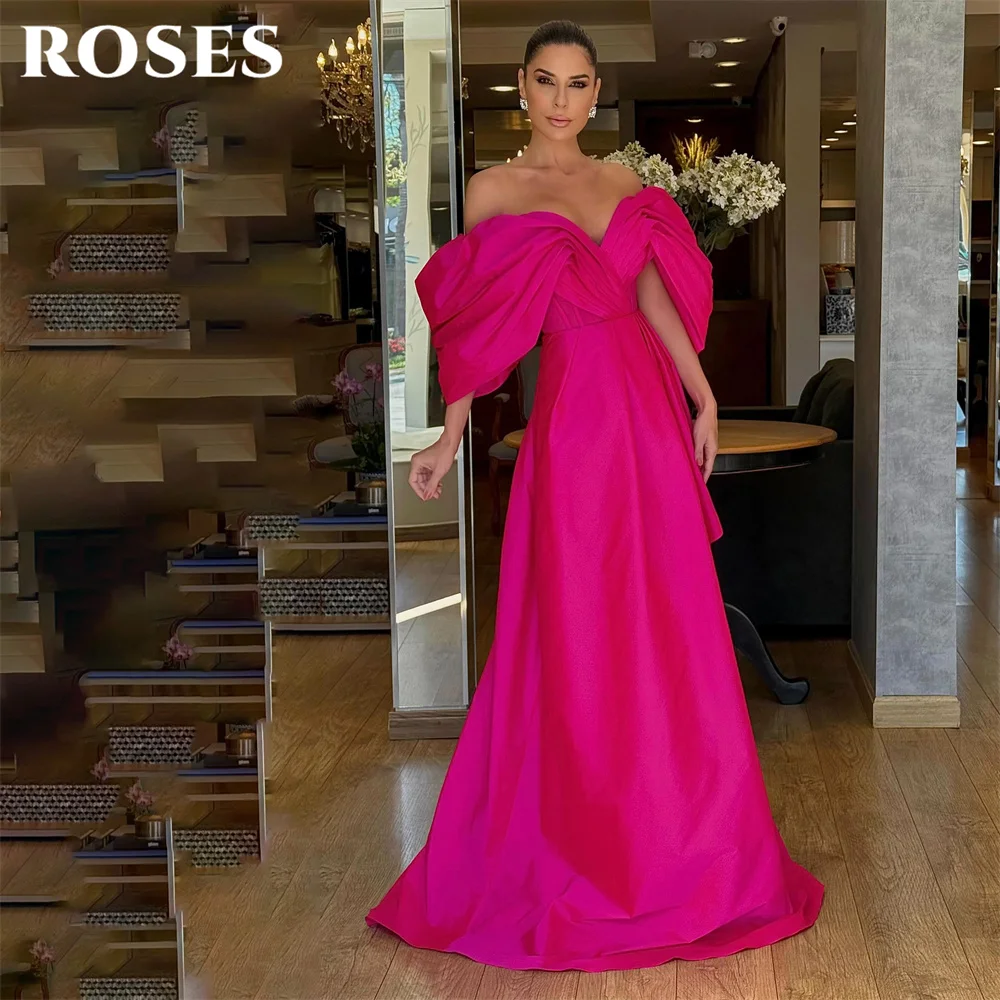 ROSES Hot Pink Prom Dresses Off the Shoulder Gala Dresses with Side Split Zipper Back Saudi Arabic Evening Party Gown Customized