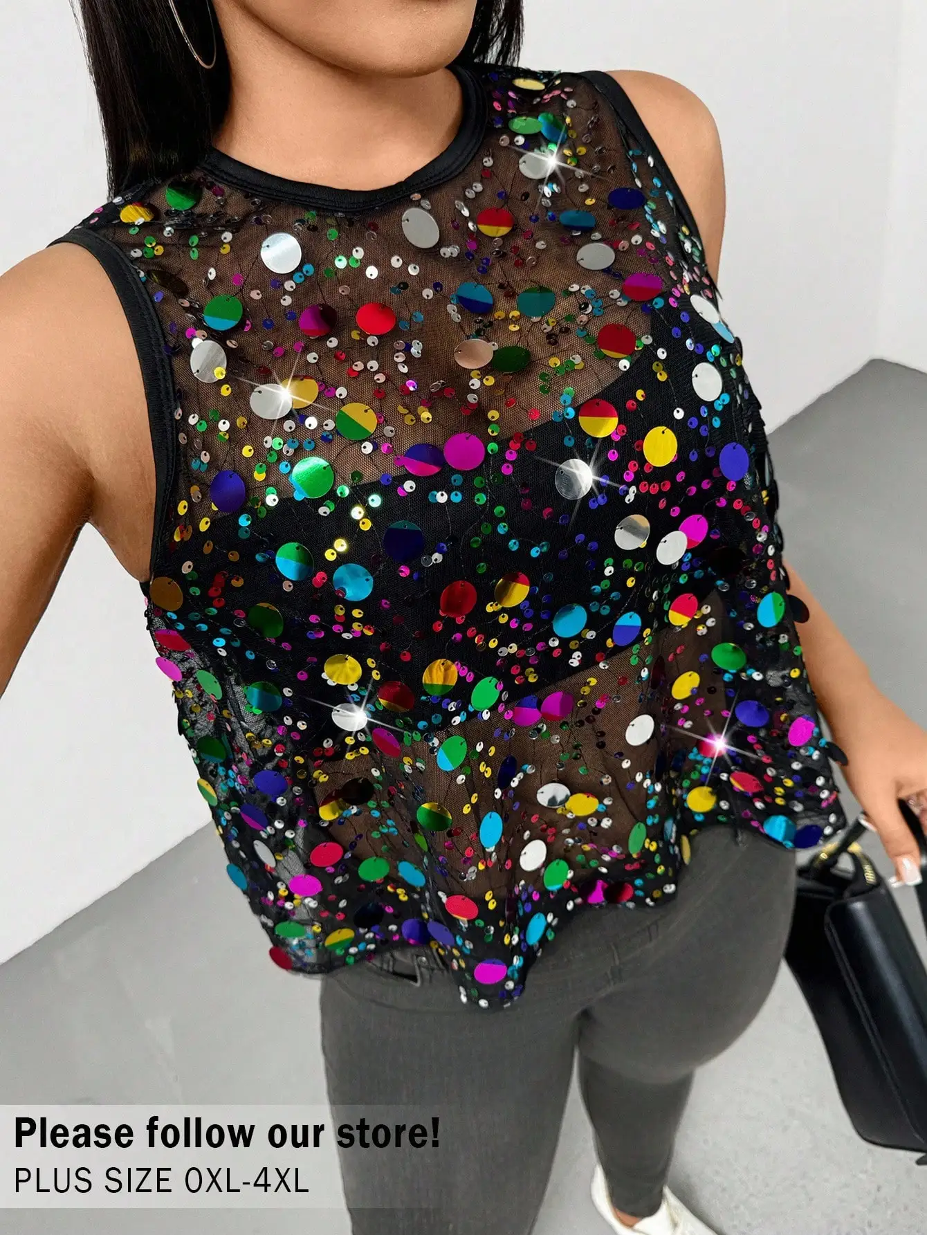 

Plus Size Women's Loose See-Through Sequined Sleeveless Crop Top For Club Rave Festival