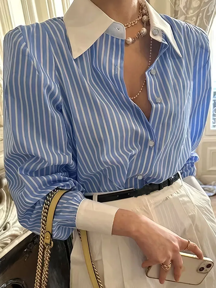 New Plus Size Contrast Collar Cuff Blue-White Striped Long-Sleeve Shirts Big Size Elegant Women's Blouses Deals Large Size Tops