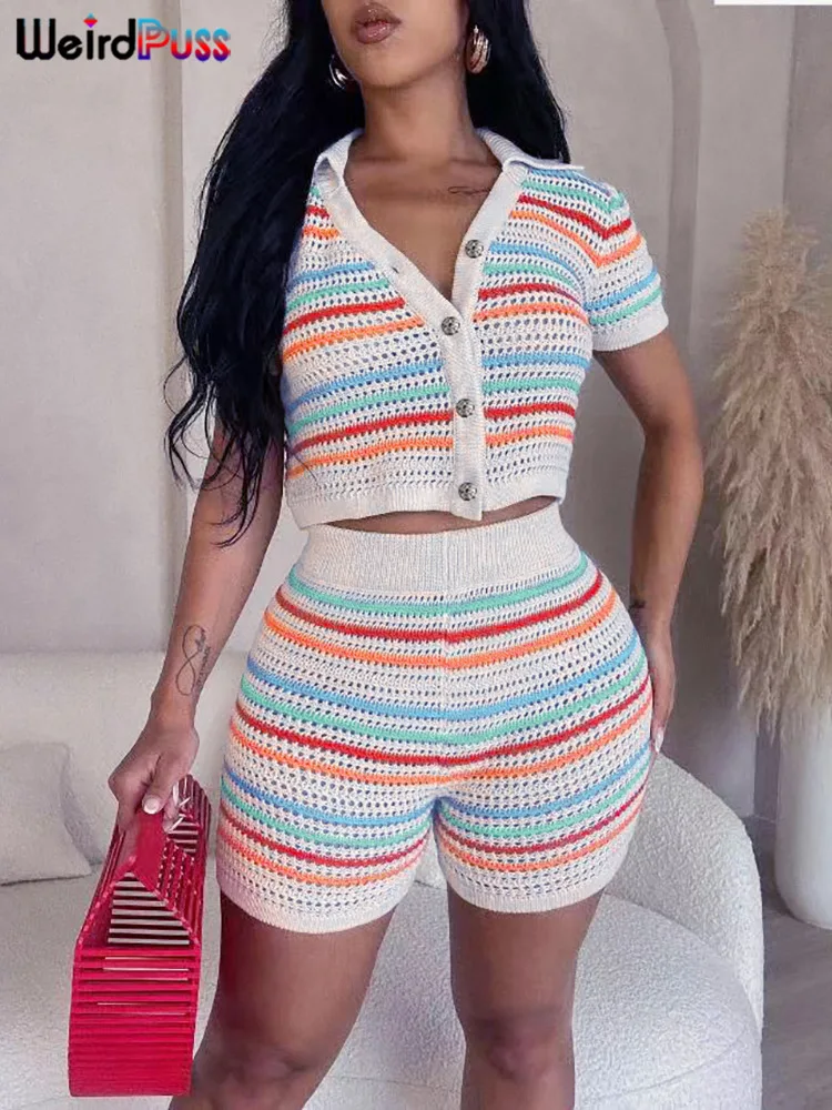 Weird Puss Striped Women Tracksuit 2 Piece Set Knit Shorts Sleeve Cardigan Crop Tops+Shorts Matching Streetwear Stretch Outfits