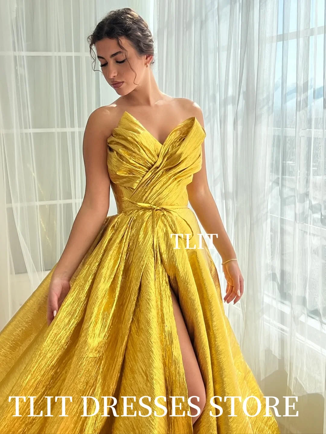 TLIT Elegant Gold Silk Satin Evening Dress Customized فستان  High Side Split Sweetheart Off the Shoulder Sashes Prom Gown