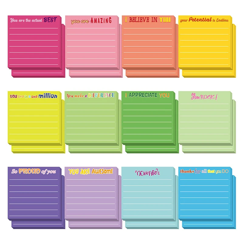 12Pcs Inspirational Sticky Notes With Lines Cute Motivational Sticky Note To-Do List Colorful Super Sticking Sticky Notes